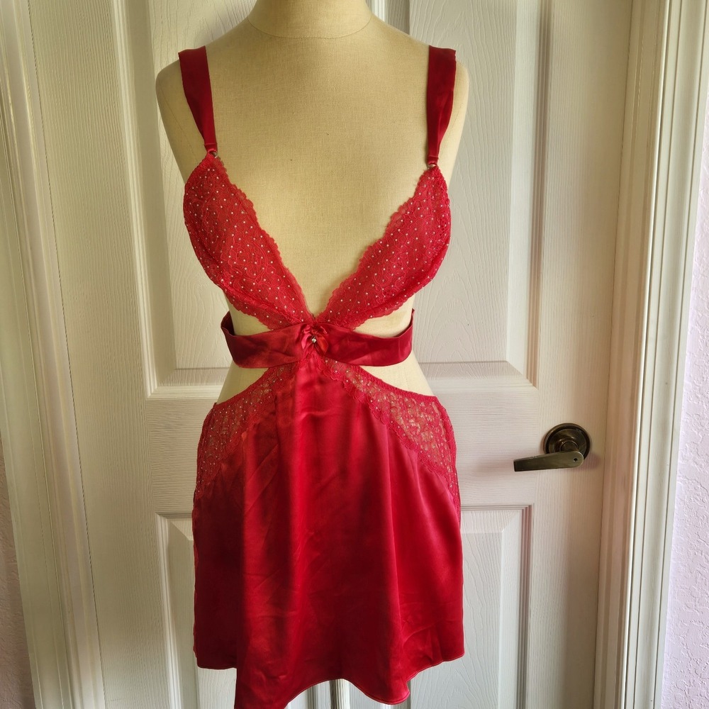 Victoria's Secret Red Cut Out Satin Nightgown Size M Open Back Bling Lingerie